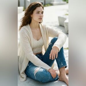 Minnie Rose Cream Cashmere Open-Front Hooded Cardigan